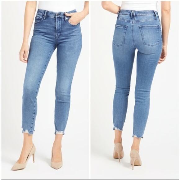 Good American Good Classic Crop Jeans Blue 789 High Rise Raw Hem Sz 10 - Picture 1 of 8